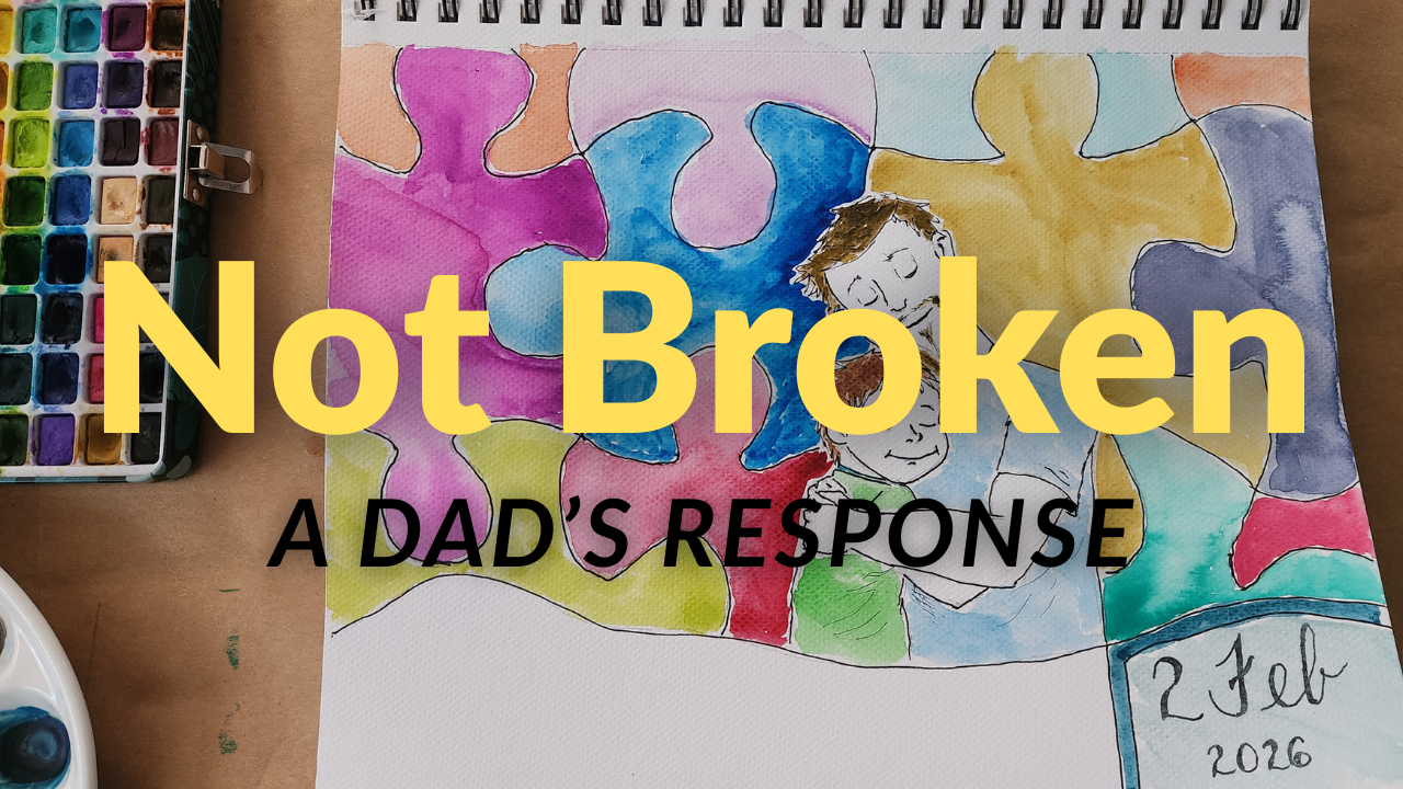 A watercolor sketch of a father and young son hugging with the autism spectrum in the background