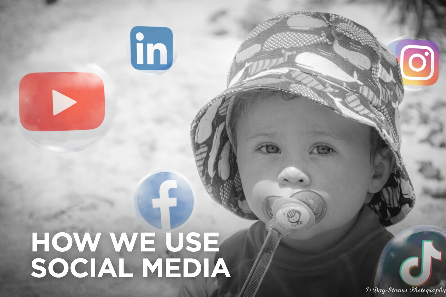 Social media icons surrounding a young boy on the beach